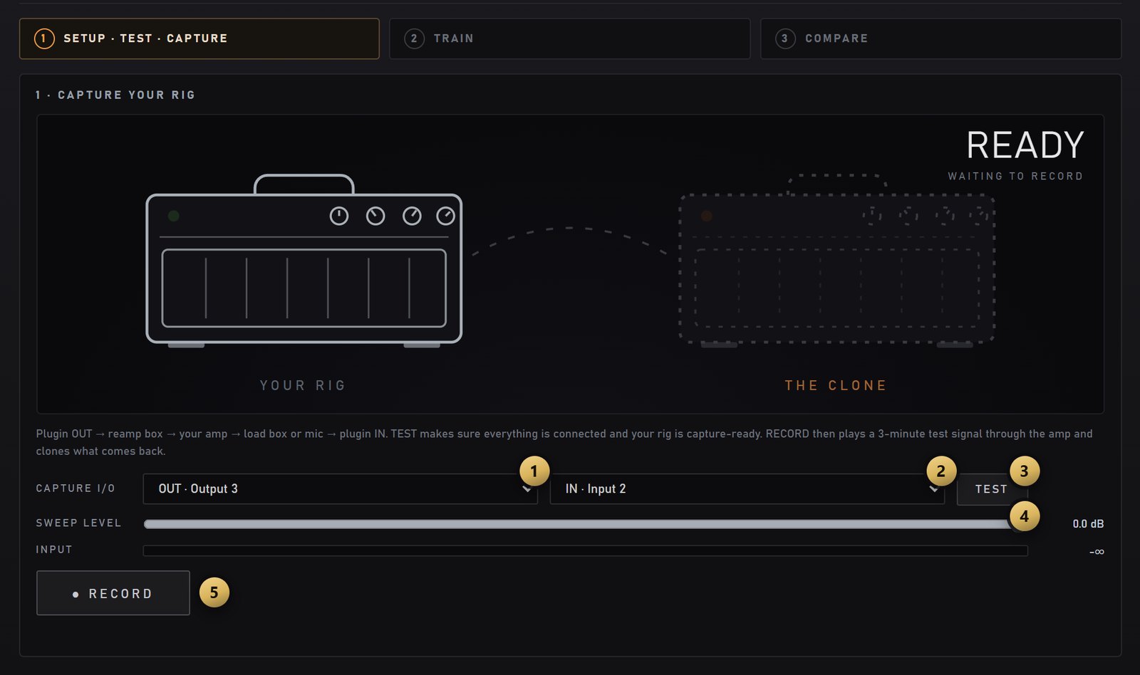 The capture page, step 1: capture I/O menus, TEST, sweep level, input meter and RECORD, numbered 1 to 5