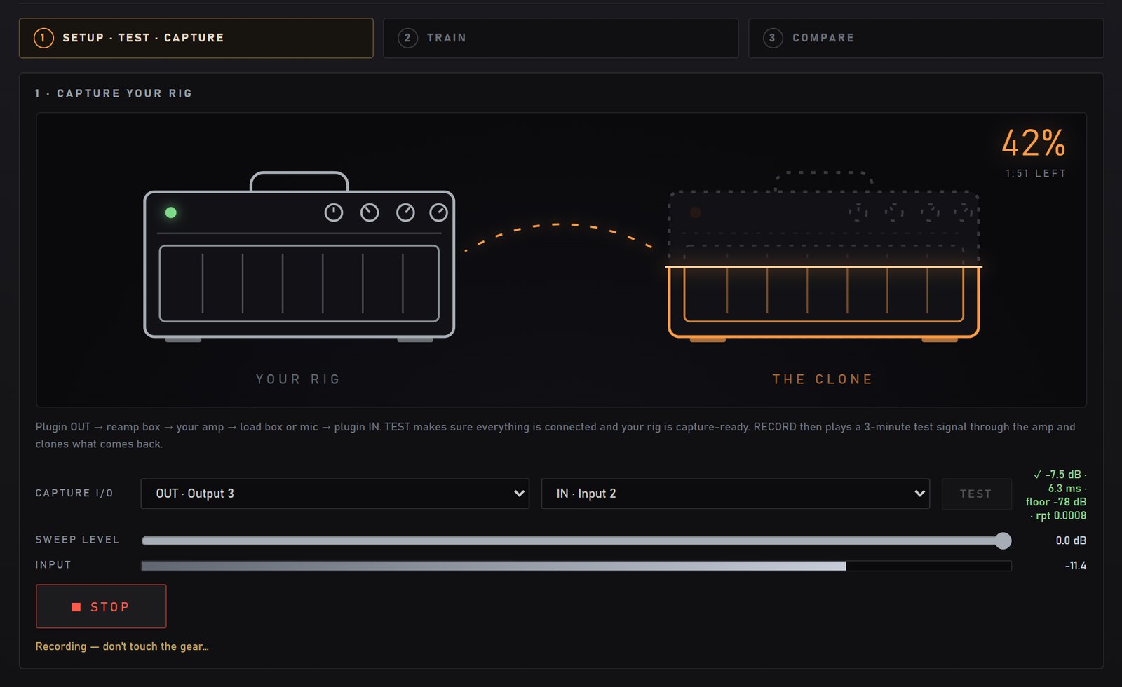 Recording in progress: 42 percent, 1:51 left, the clone filling in