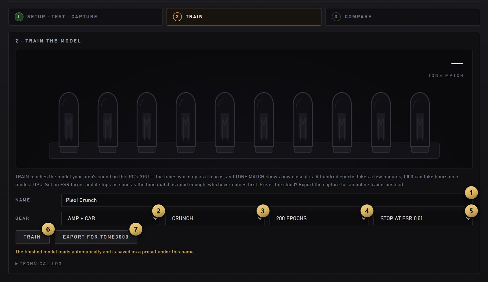 The TRAIN step: name, gear, tone, epochs, ESR target, TRAIN and EXPORT FOR TONE3000, numbered 1 to 7