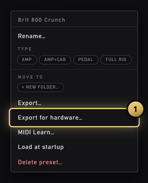A preset's right-click menu with Export for hardware highlighted