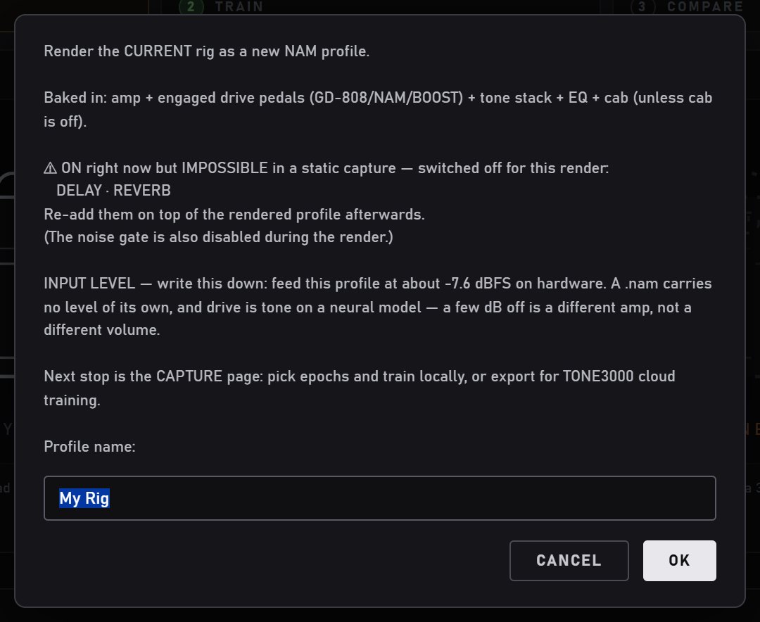 The export prompt: what is baked in, which effects are switched off, the input level to use, and the name