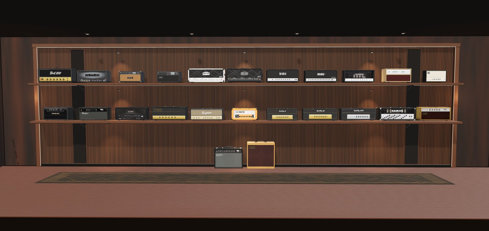 The amp room: two walnut shelves of amplifier heads in 3D, with two combos on the floor