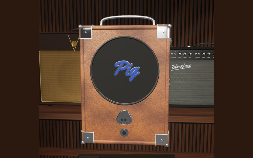 The Pig 1x4 portable amp in 3D: a brown clamshell case with a snout-shaped knob