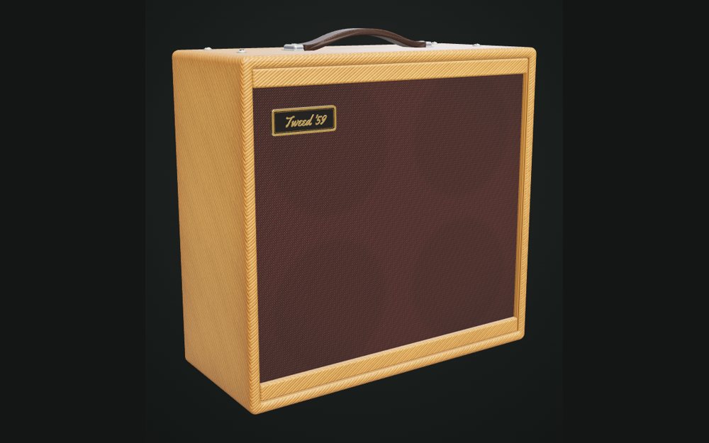 The Tweed 59 combo in 3D: lacquered tweed and an oxblood grille