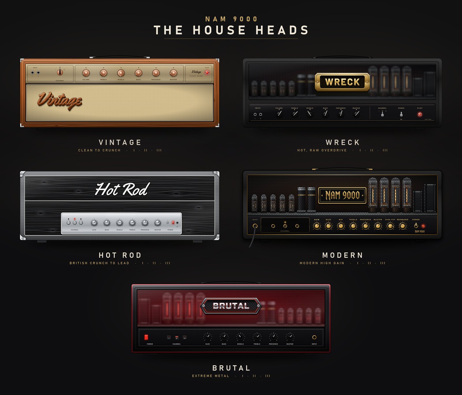 The five NAM 9000 house heads: Vintage, Wreck, Hot Rod, Modern and Brutal