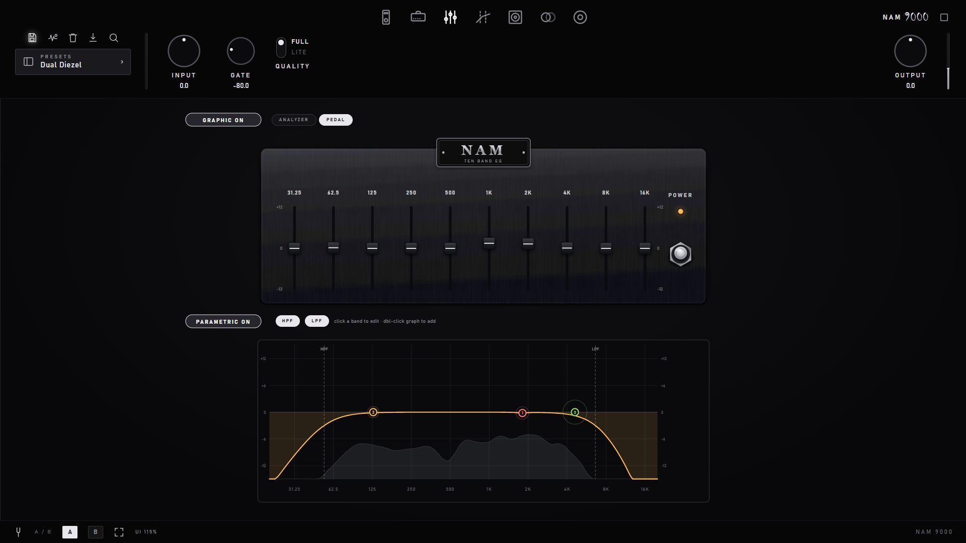Stacked graphic and parametric EQ panels with live analyzers
