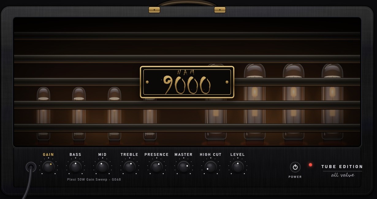 The NAM 9000 amp head with the gold dynamic GAIN knob first in the control row