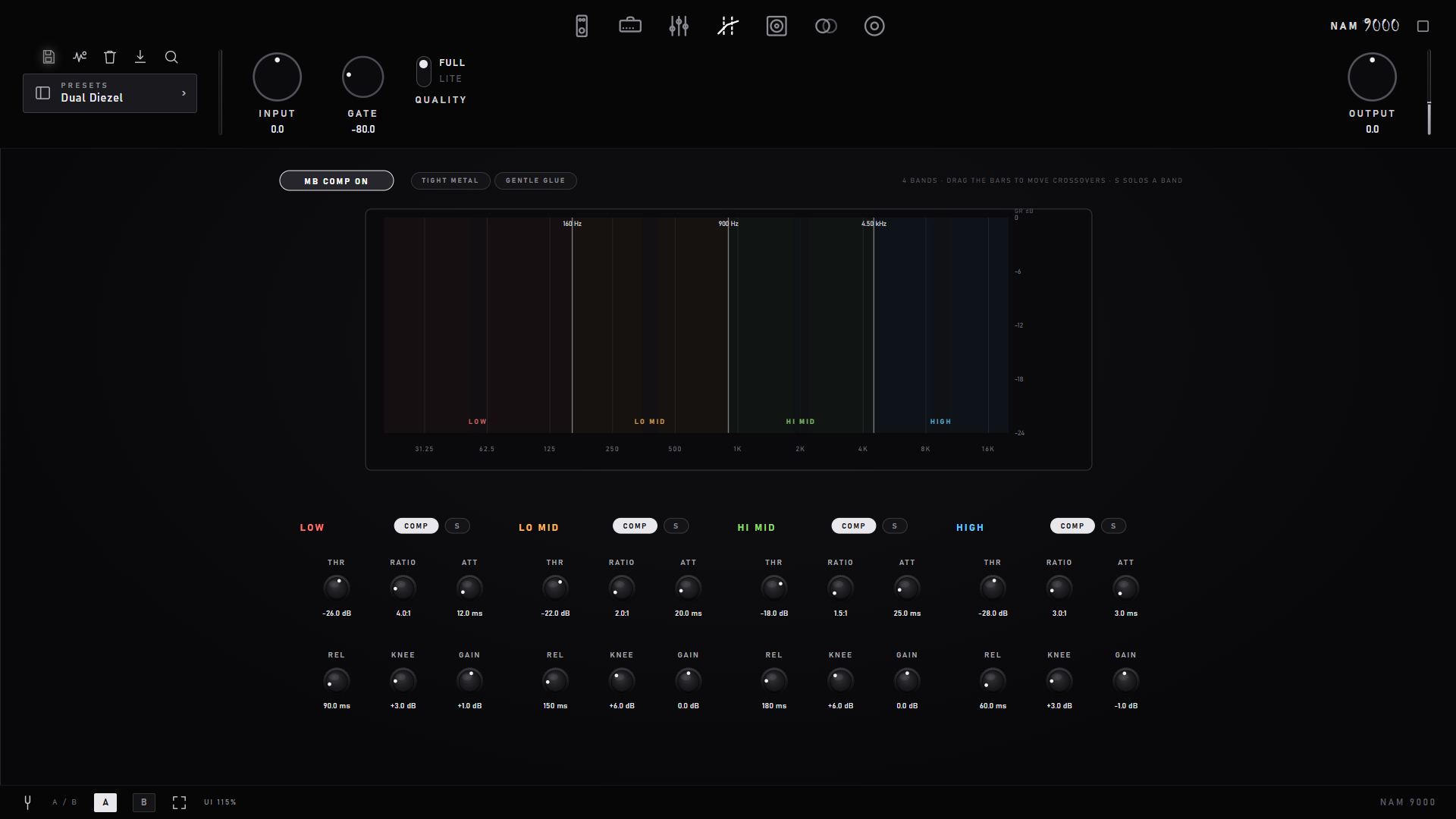 Multiband compressor — four bands with draggable crossovers and gain-reduction meters