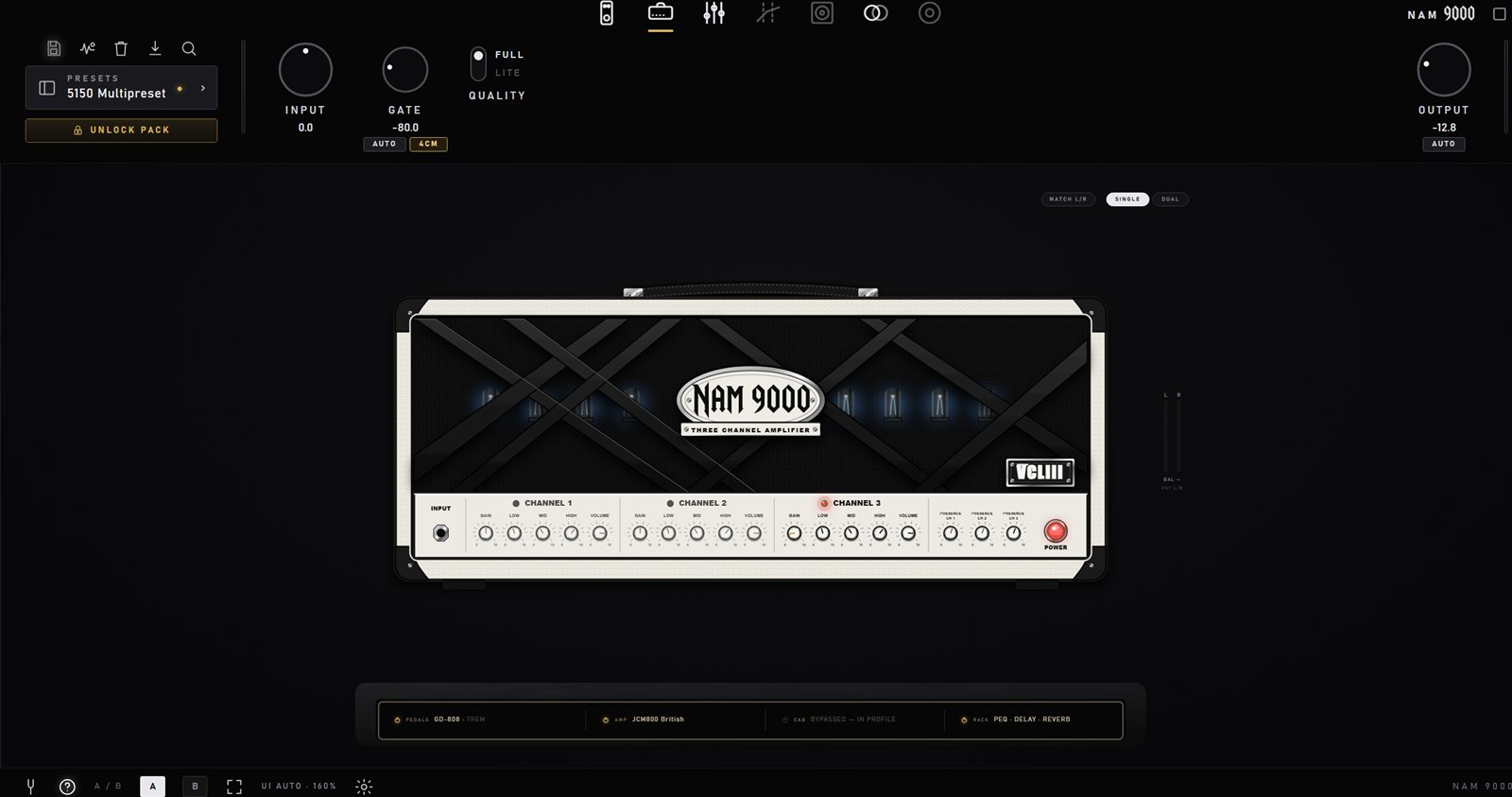 A multichannel amp head in NAM 9000 with its channel switcher
