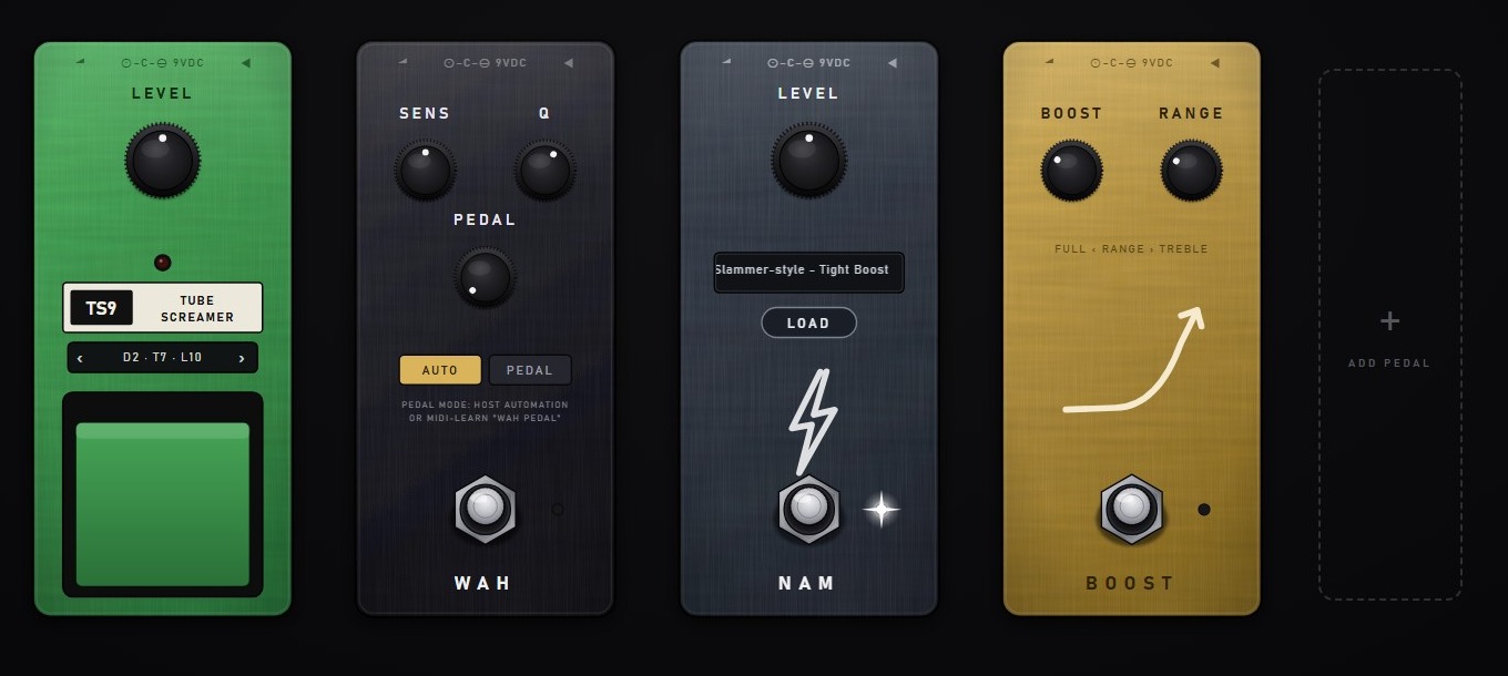 NAM 9000 pedalboard showing the TS9, the new WAH, the NAM capture pedal and the new gold BOOST pedal
