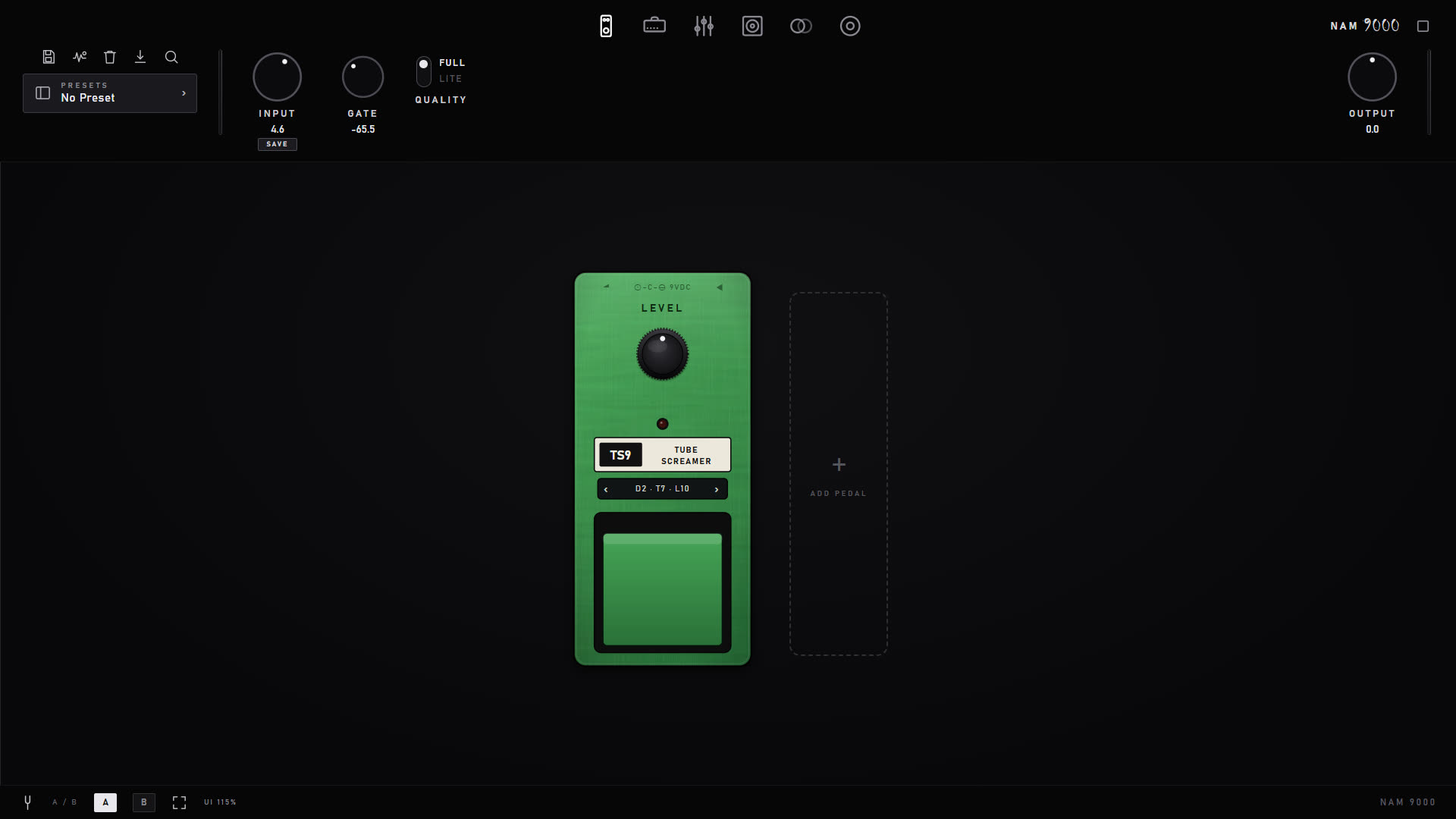 NAM 9000 pedalboard page — gate, drives, capture pedal, modulation