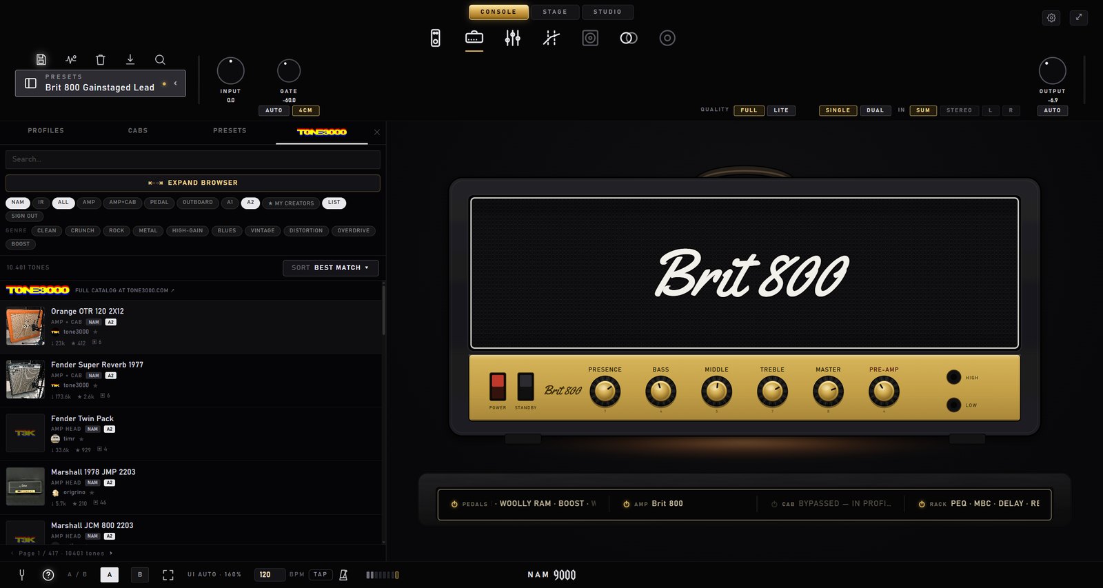 The TONE3000 browser inside NAM 9000, with A1 and A2 filters