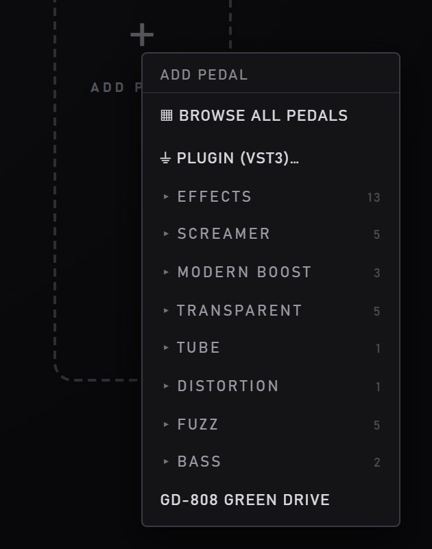 The ADD PEDAL menu with PLUGIN (VST3)… under BROWSE ALL PEDALS