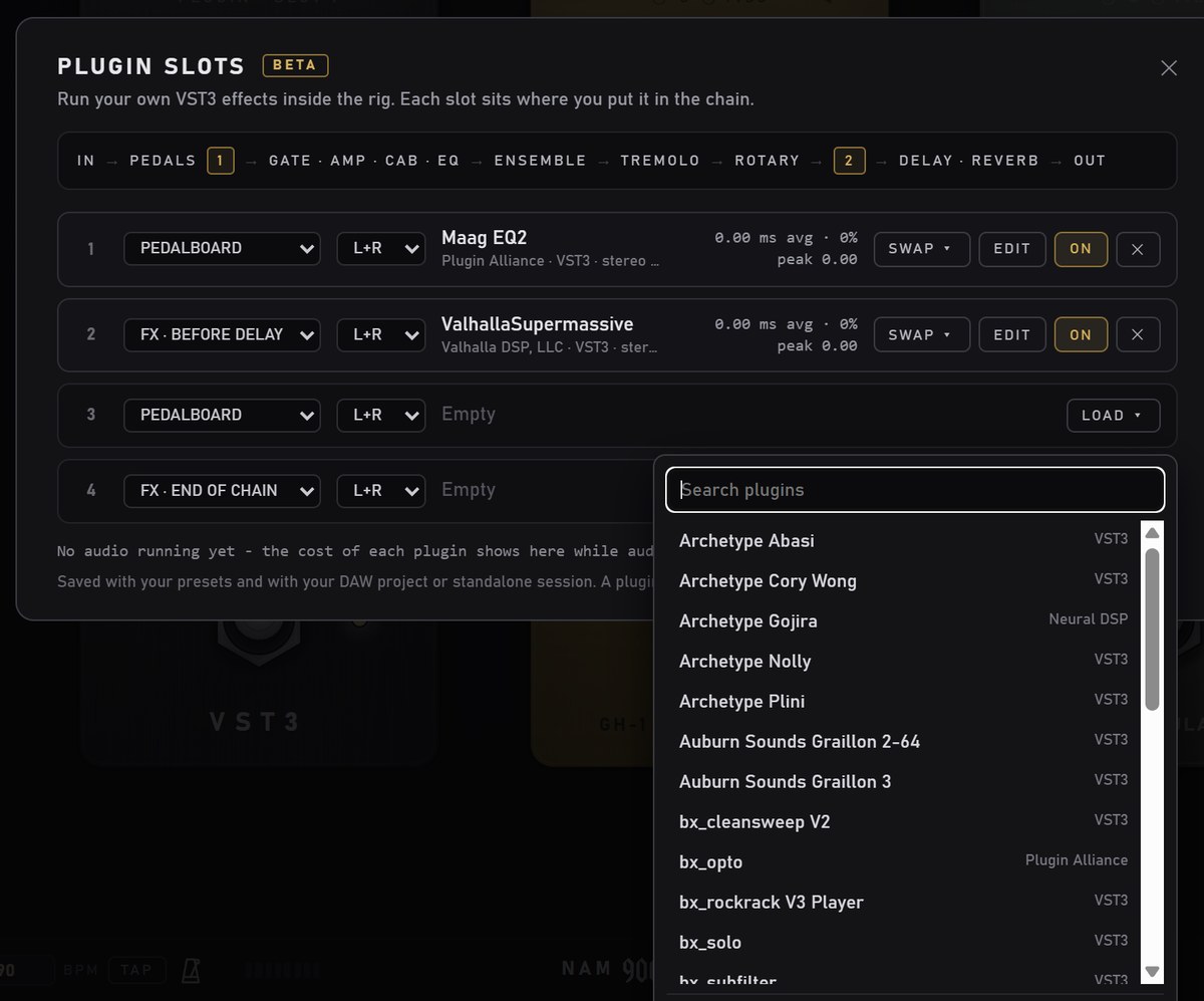 The PLUGIN SLOTS panel with the searchable plugin list open