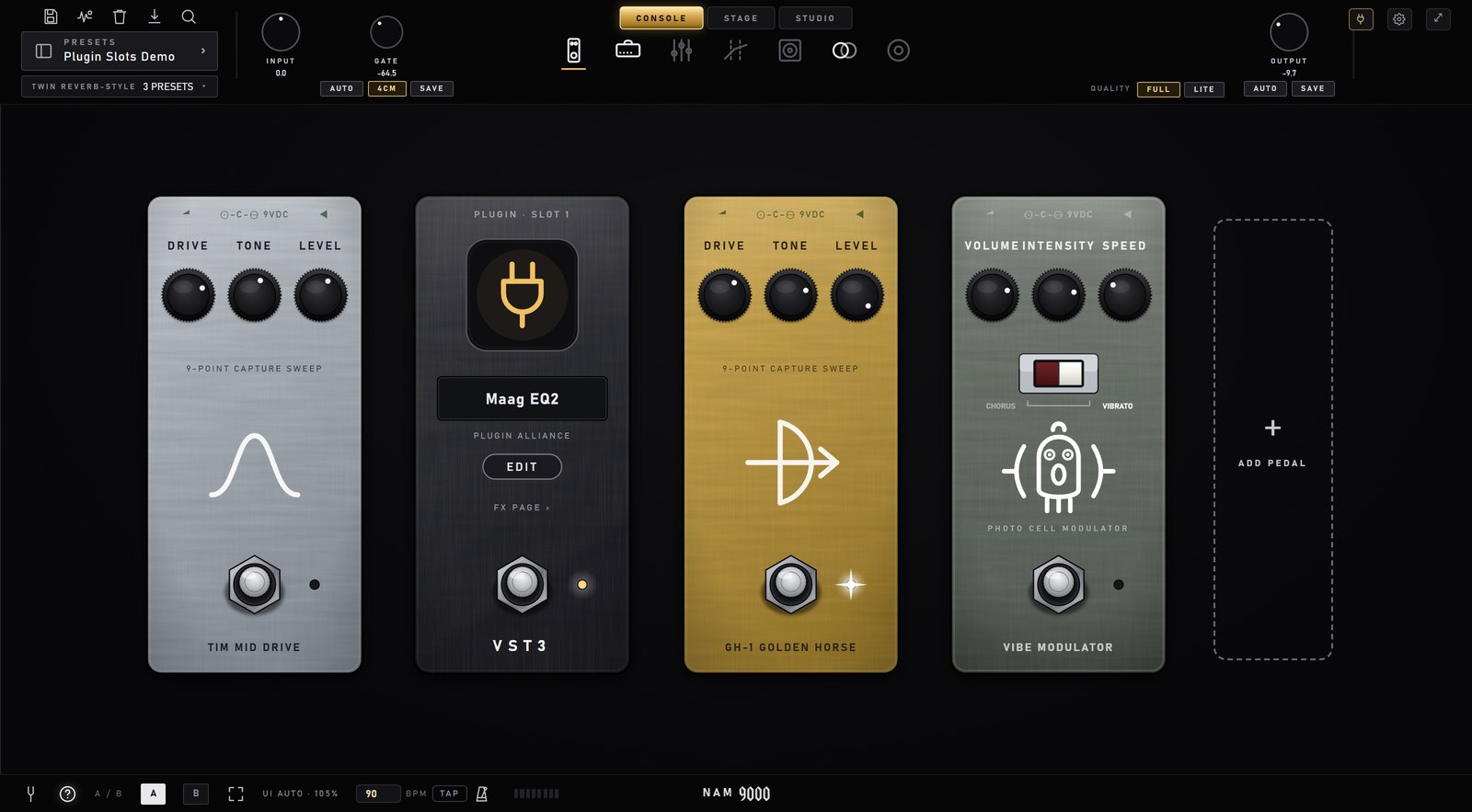 The pedalboard with a plugin pedal between two NAM drive pedals and a vibe