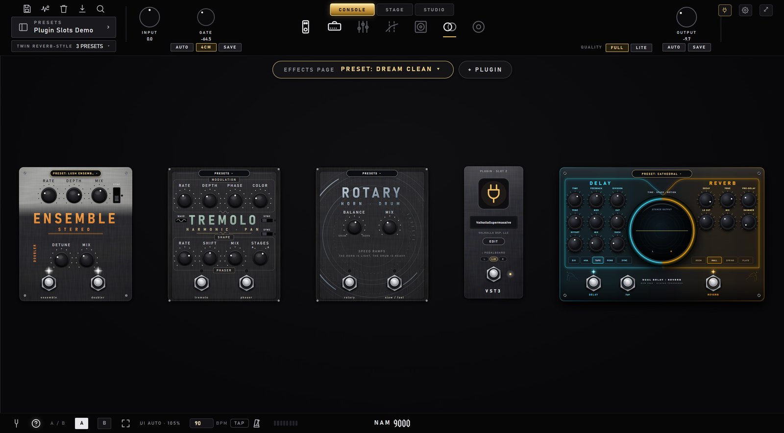 The effects page with a reverb plugin pedal placed before the DELAY / REVERB plate