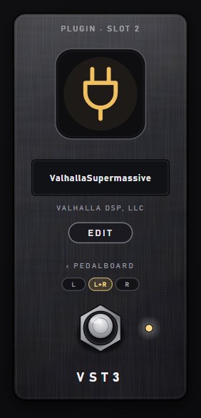 A plugin pedal close up: plug badge, plugin name, maker, EDIT, PEDALBOARD link, L / L+R / R buttons, footswitch and LED
