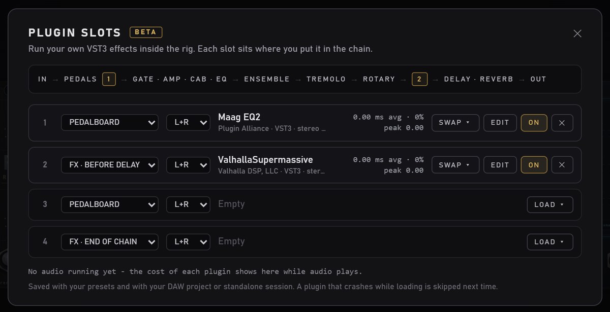The PLUGIN SLOTS panel: four slots with position, side, plugin name and processing cost