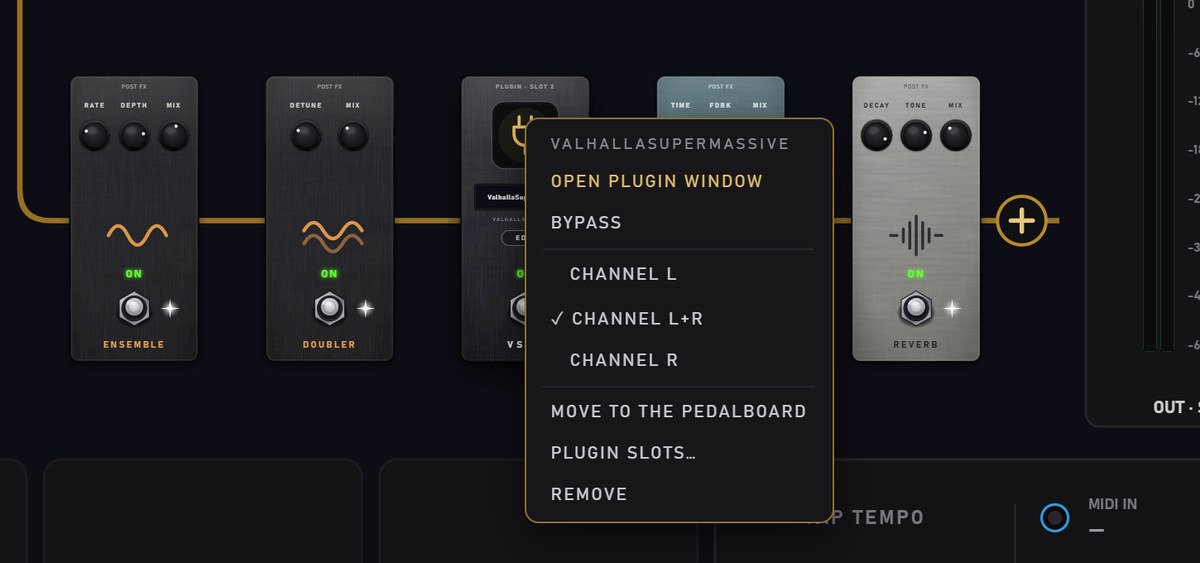 The STAGE view with a plugin pedal and its right-click menu