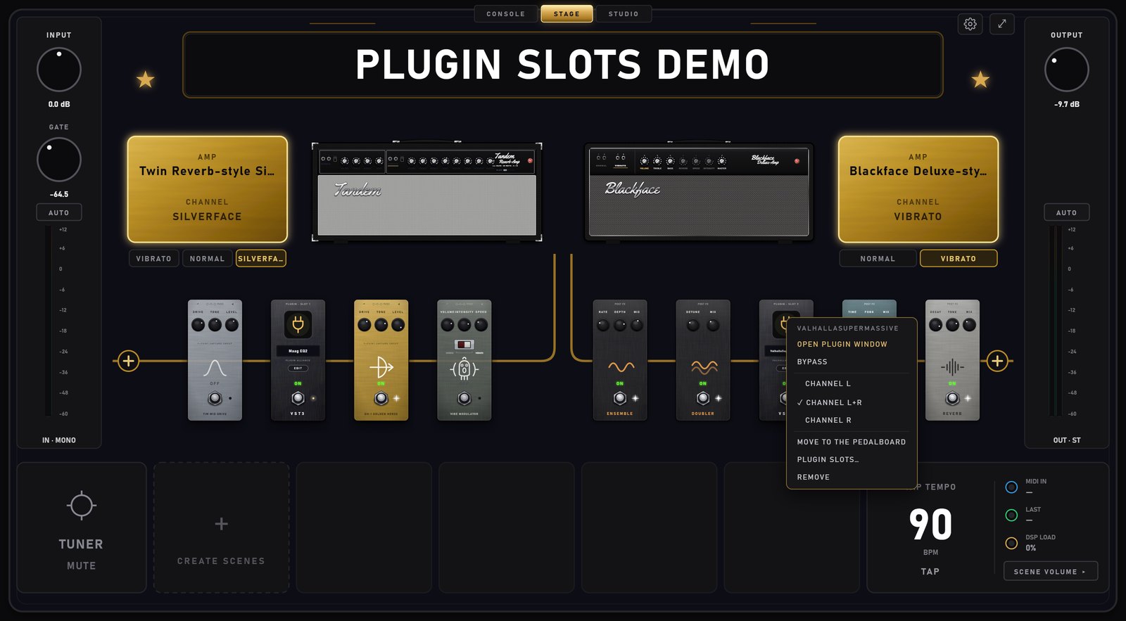 The STAGE view with a plugin pedal on the board and another among the effects, its right-click menu open